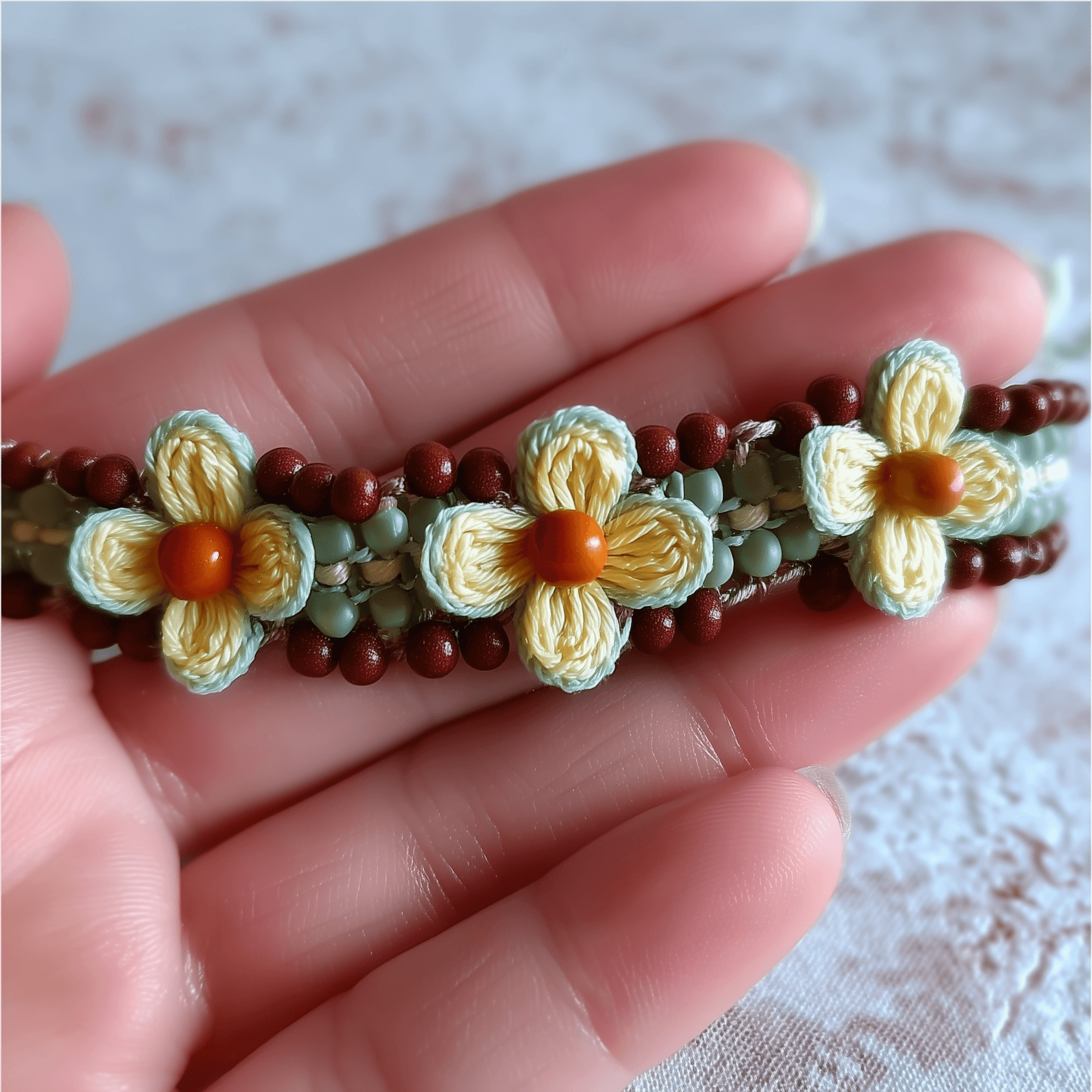 Hand holding a beaded bracelet with cream yarn flowers, orange bead centers, and brown, green, and turquoise beads