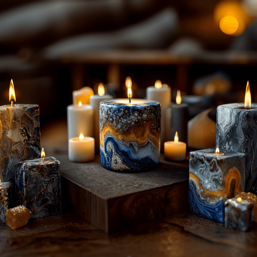 Lit pillar candle with blue, gold, and orange cosmic marbled design displayed on a dark surface