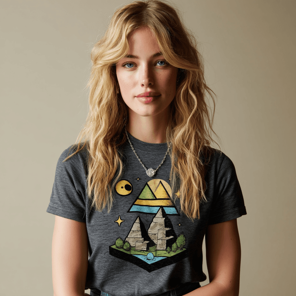 Woman with long blonde hair wearing gray short-sleeved t-shirt with mountain landscape graphic print and necklace