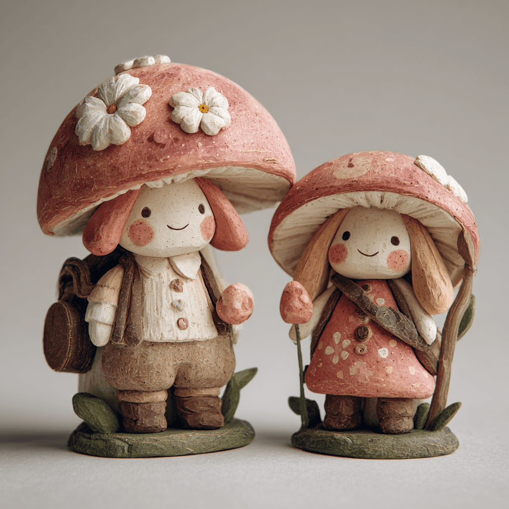 Pair of sculpted anthropomorphic mushroom figures with pink caps adorned with white flowers, one in adventurer outfit with backpack, the other in polka dot dress holding a branch