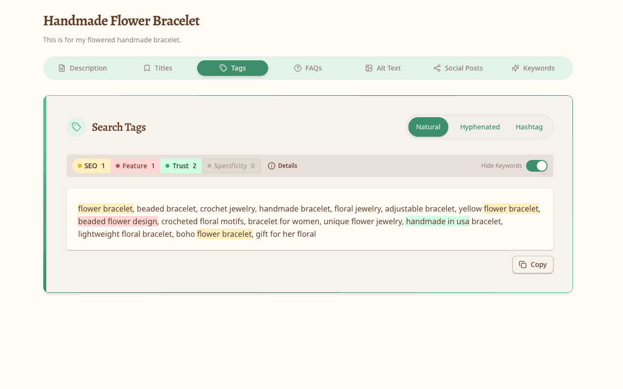Generated content output showing tabbed navigation for Tags with keyword-highlighted search terms in Natural, Hyphenated, and Hashtag formats