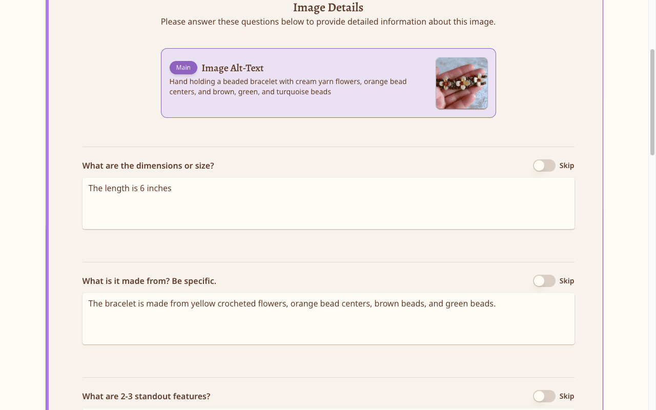 Product questionnaire form with pre-filled answers about materials, dimensions, and features alongside a product thumbnail