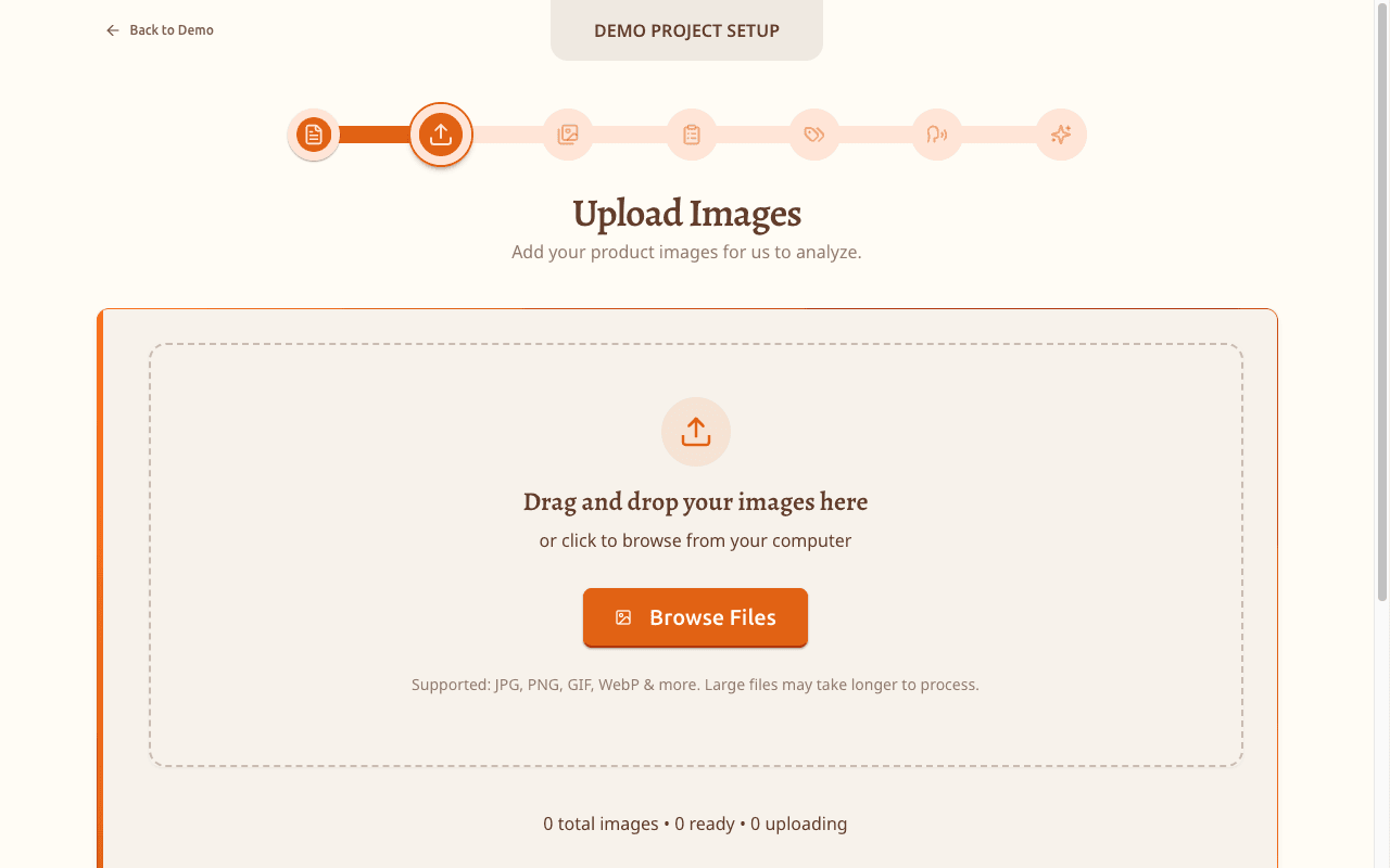 Product image upload interface showing a drag-and-drop zone with a Browse Files button and upload progress indicators