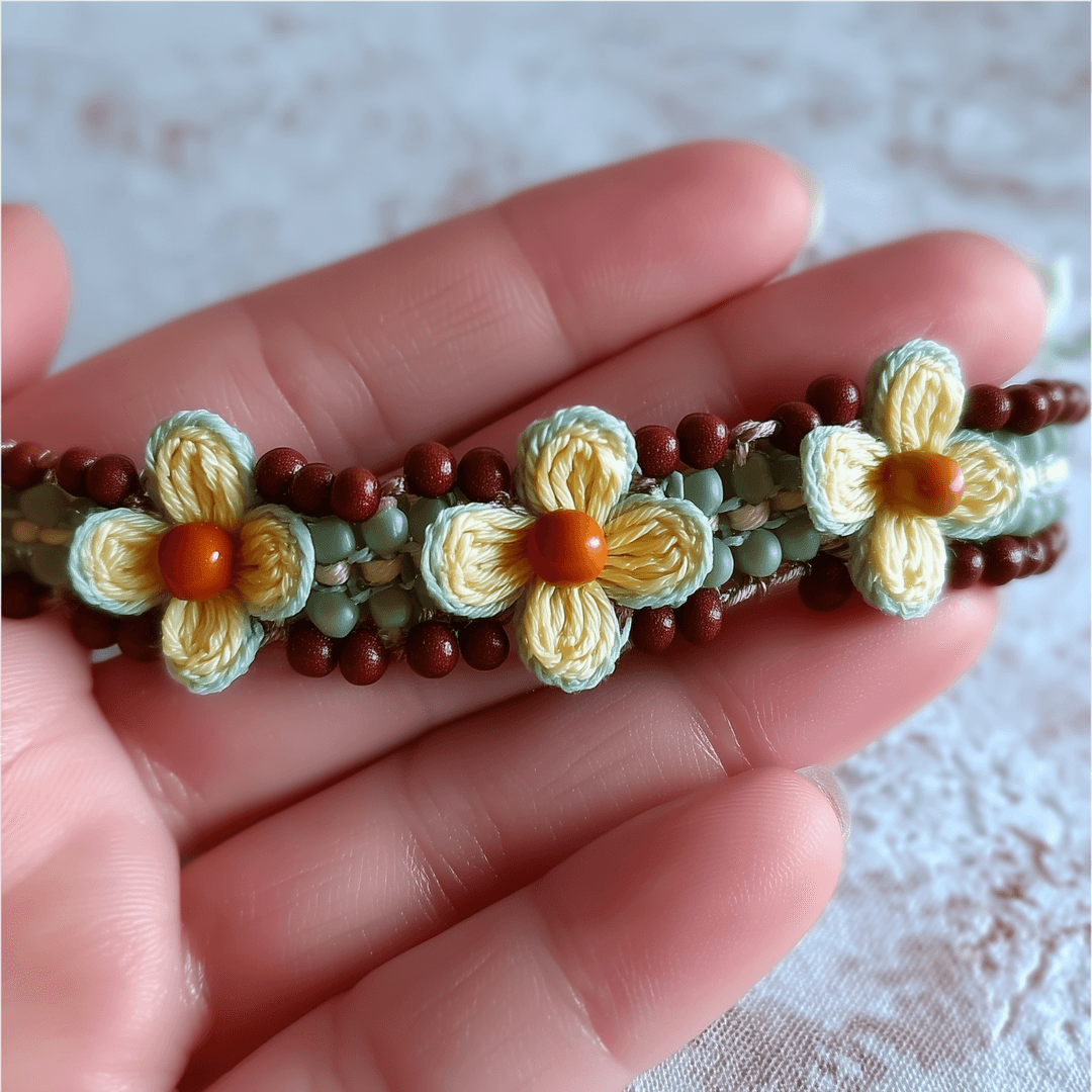 Bracelet featuring embroidered pale yellow flowers with orange centers, accented by brown and sage green beads, held in a palm to show the scale and intricate floral detail.