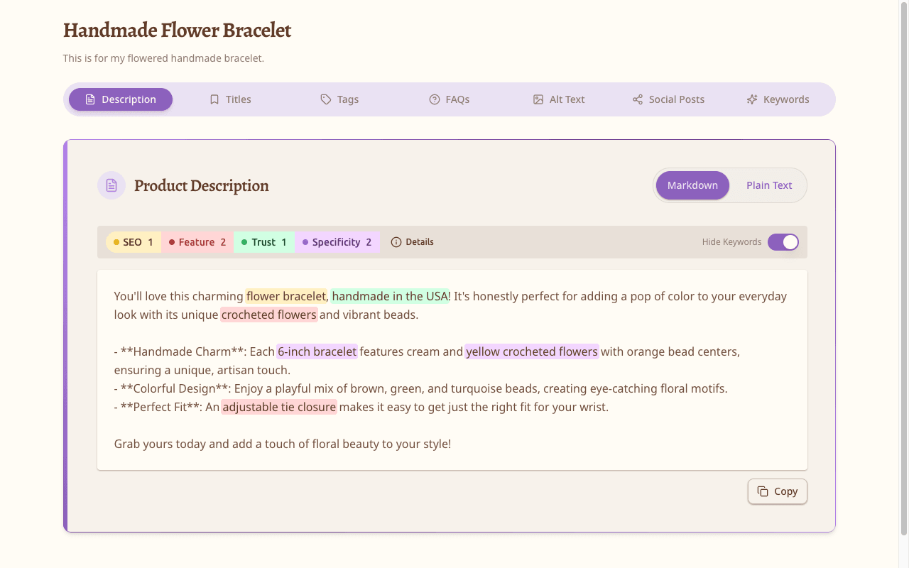 Preview of the MerchYak project output page showing generated descriptions, titles, tags, FAQs, alt text, and social posts across content tabs